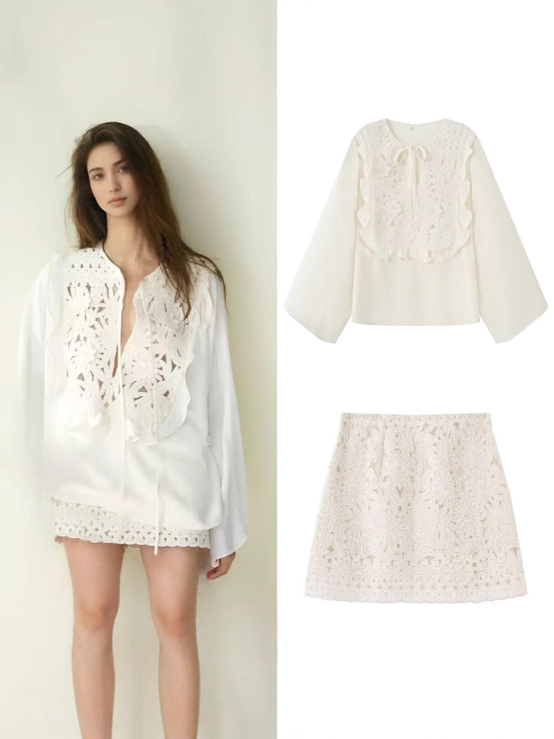 Foreign Trade 2025 New European and American Style Fashionable Round Neck Lace-Up Cut Out Embroidered Casual Shirt + Embroidered Skirt Suit