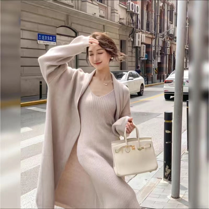 2025 Autumn/Winter New Style Elegant Slimming Loose Long Knitted Cardigan Jacket + Camisole Dress Two-Piece Set