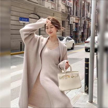 2025 Autumn/Winter New Style Elegant Slimming Loose Long Knitted Cardigan Jacket + Camisole Dress Two-Piece Set