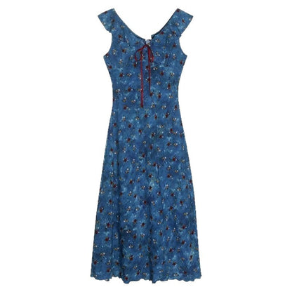 Resort Style Blue Floral Suspender Dress for Women Summer French Waist Long Skirt with Gentle Design A-Line Skirt