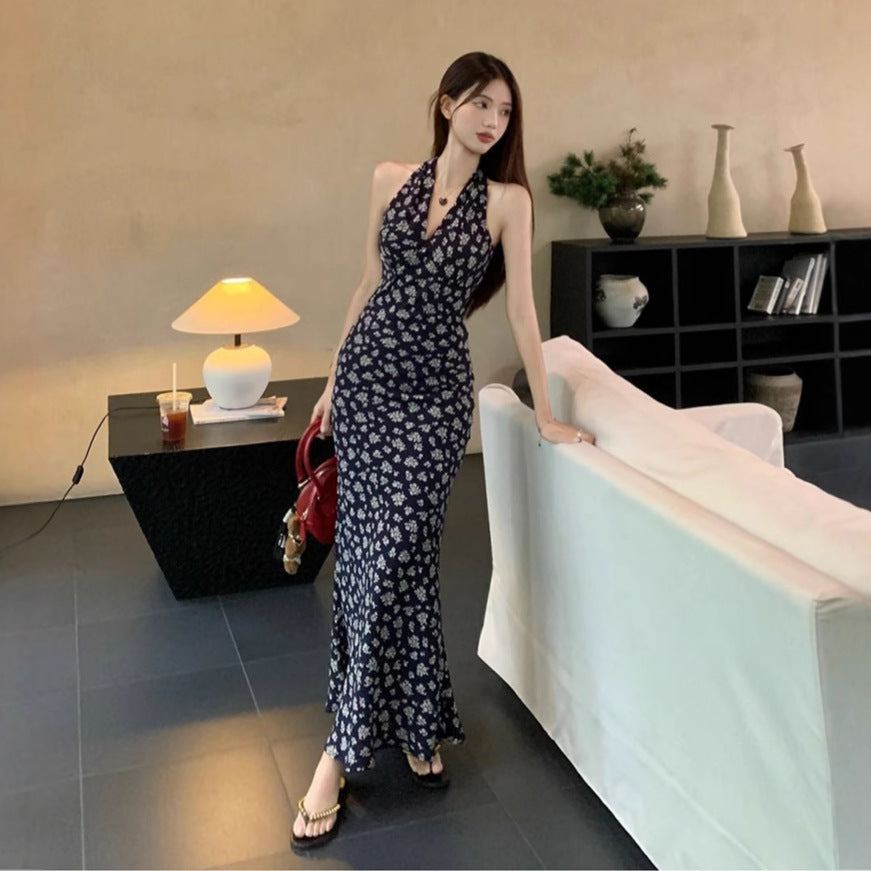 French Blue V-Neck Floral Neck Hanging Strap dress Women's 2025 Summer New Seaside Holiday Style Midi Dress