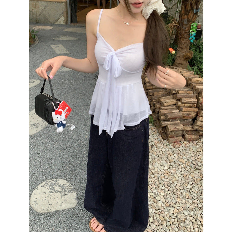 Young and Old Money Style White Knitted Cardigan Suspender Suit for Women to Wear in Spring