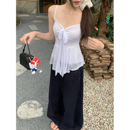 Young and Old Money Style White Knitted Cardigan Suspender Suit for Women to Wear in Spring